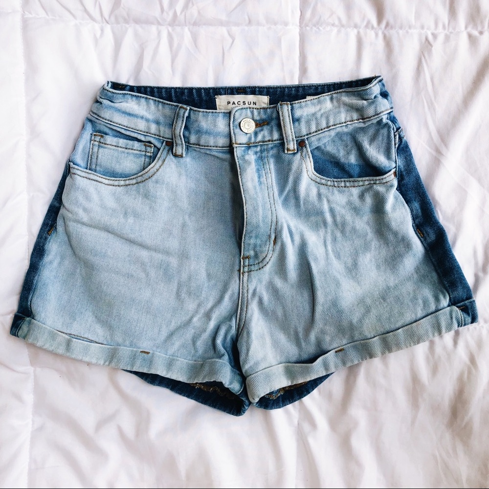 Two Tone Light & Dark Wash Mom Jean Cuffed Shorts